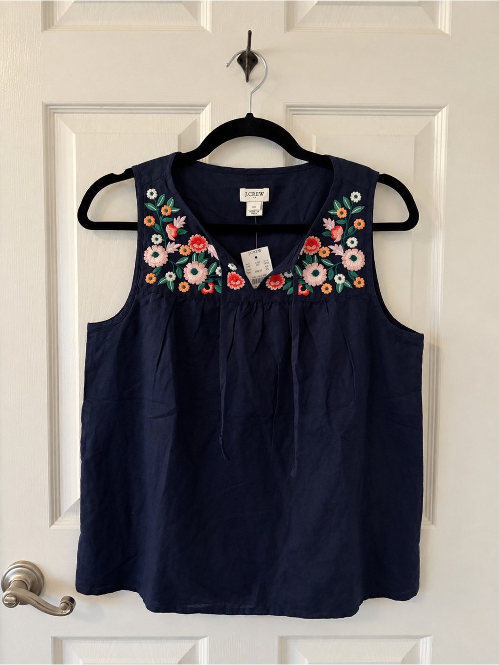NWT J.Crew Navy Floral Embroidered Linen Blend Top XS